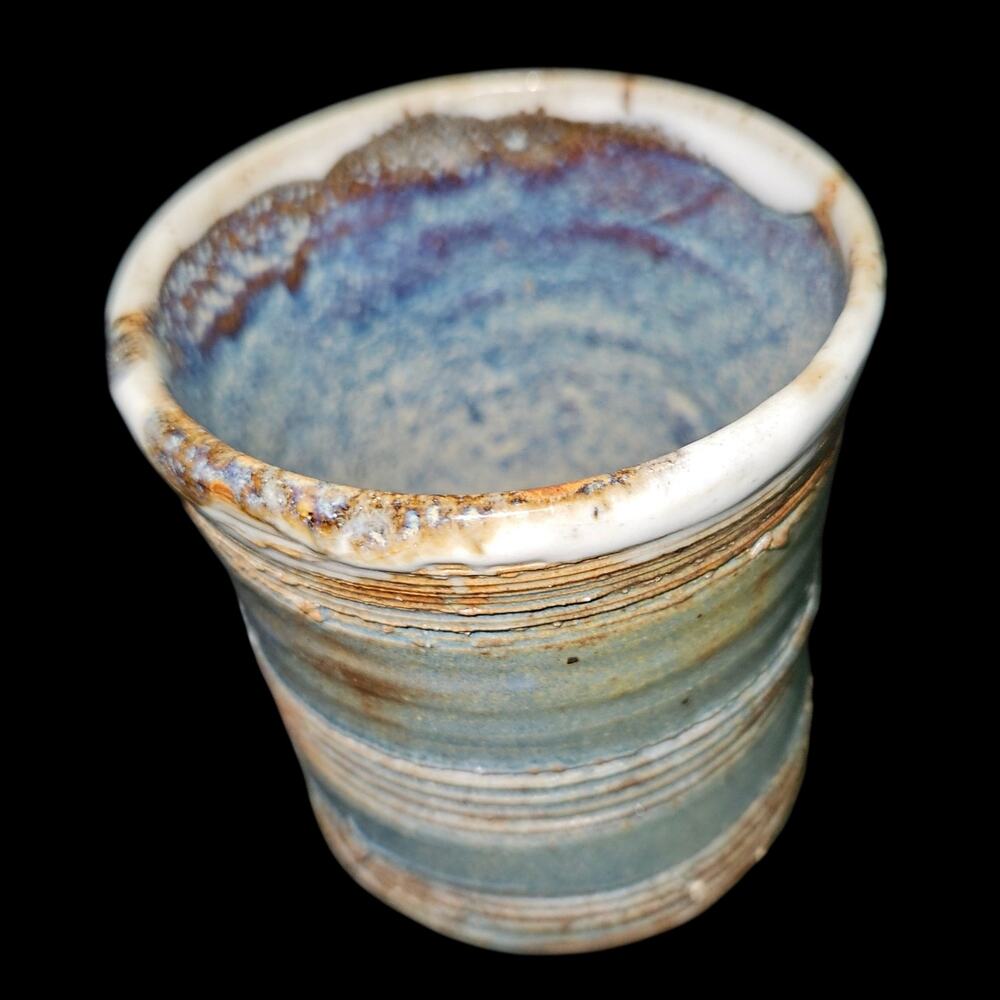 Vintage Studio Pottery Blue Gray Stoneware Tumbler Cup Handmade Rustic Ceramic